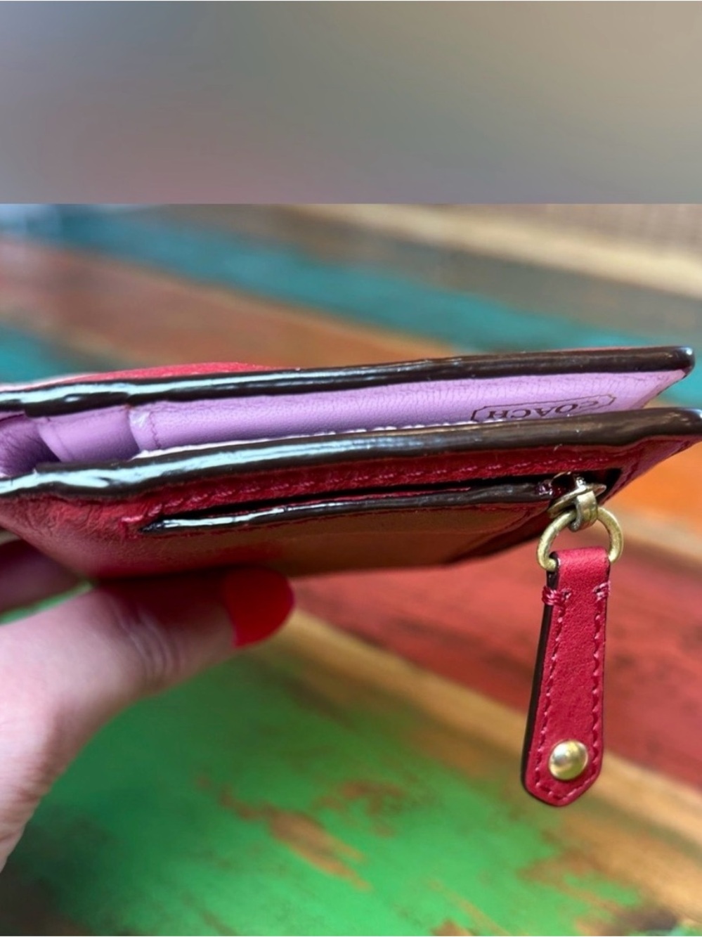 Coach Madison Cherry Red Pleated Bifold Wallet Leather Horse Carriage Retired - Picture 6 of 15